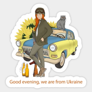 Armed Ukrainian Woman with cat and car.Good evening, we are from Ukraine Sticker